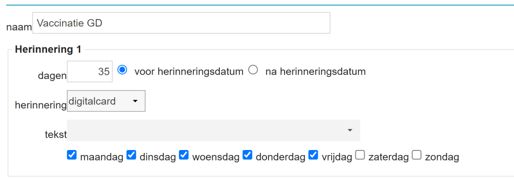 Voorbeeld van notificatie instellingen van een herinnering voor Personal Card