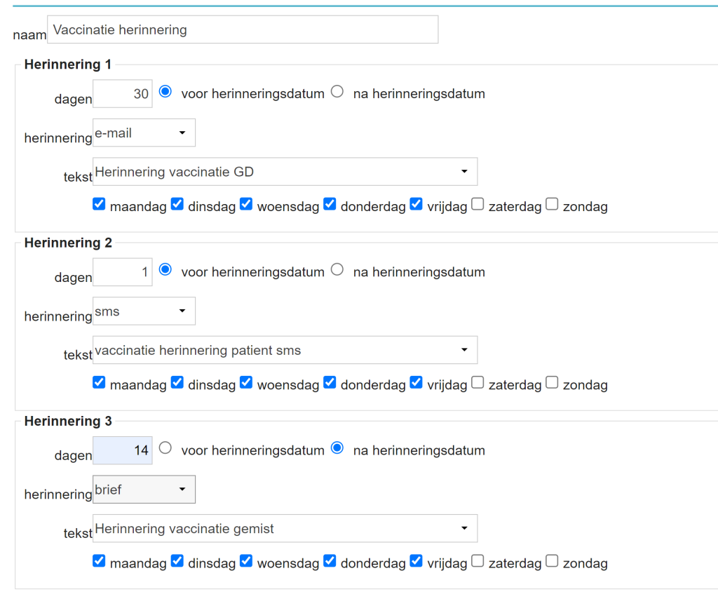 Voorbeeld ingevulde notificatie instellingen voor vaccinatie herinnering