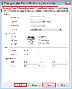 z printer preferences - tab options - setup label size